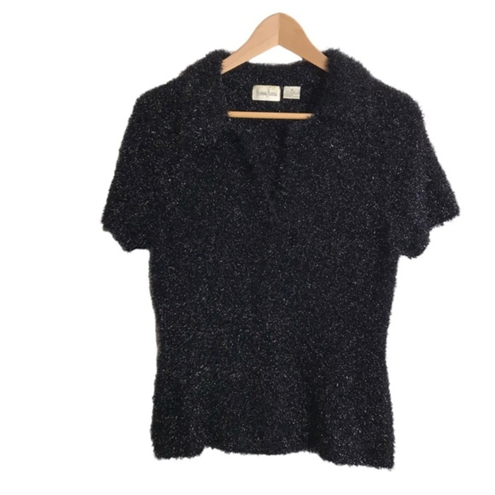 Neiman Marcus Medium Black Sparkle Tinsel Collared Poloโ Top Glam